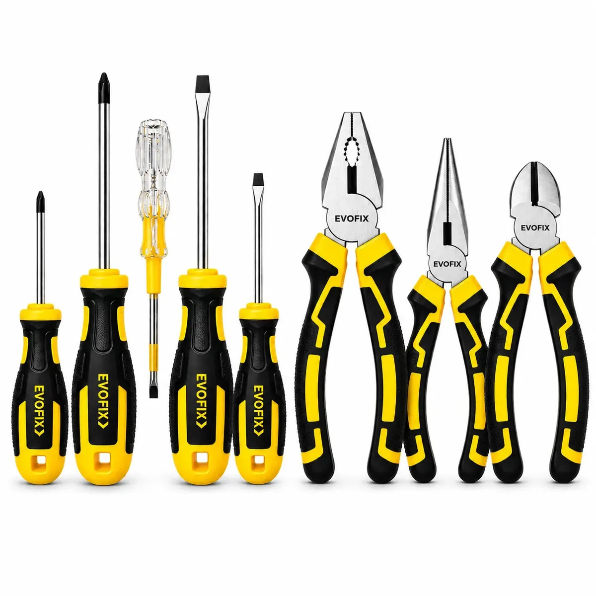 Kit Ferramentas Manuais EVOFIX Completo: Alicate Universal, de Corte e Bico, Chaves de Fenda e Phillips com Testador de Voltagem