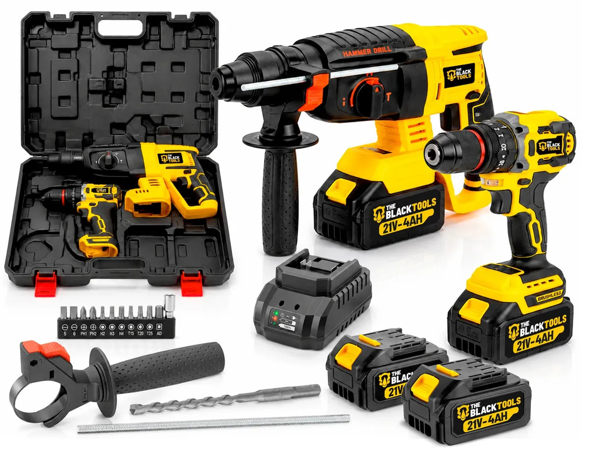 Kit Multi Ferramentas 2 Em 1 21v Sem Fio Com 2 Baterias Furadeira Parafusadeira + Martelete Rompedor The Black Tools