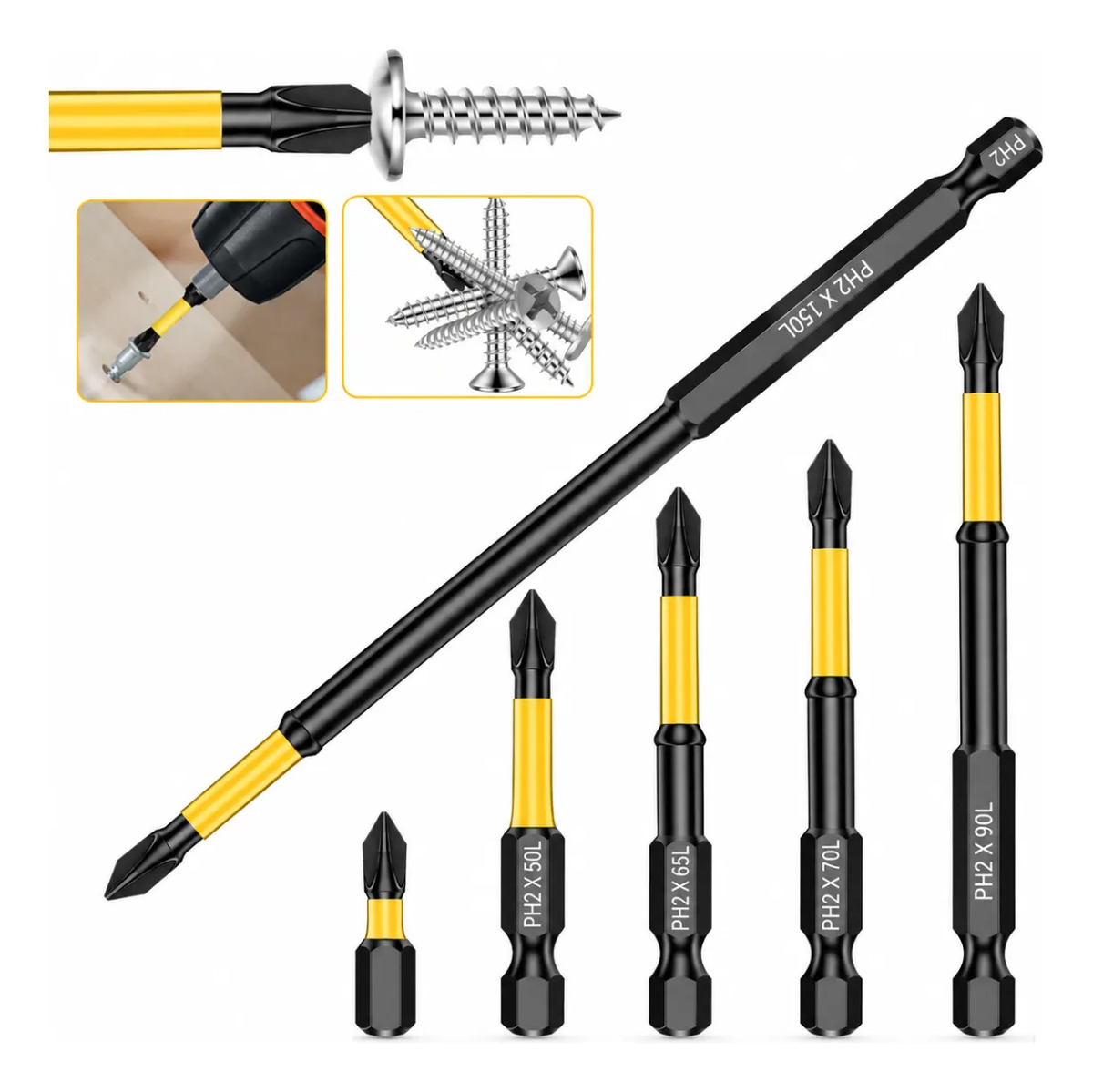 Kit 6 Bits De Impacto Ponteira Philips Ph2 Aço S2 25-150mm