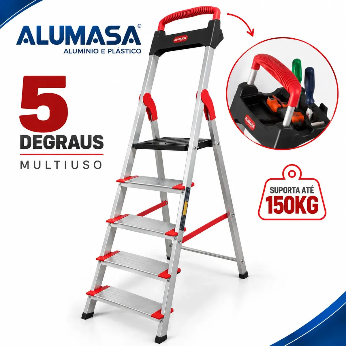 Escada De Alumínio 5 Degraus Reforçada Doméstica Dobrável Cinza/vermelho