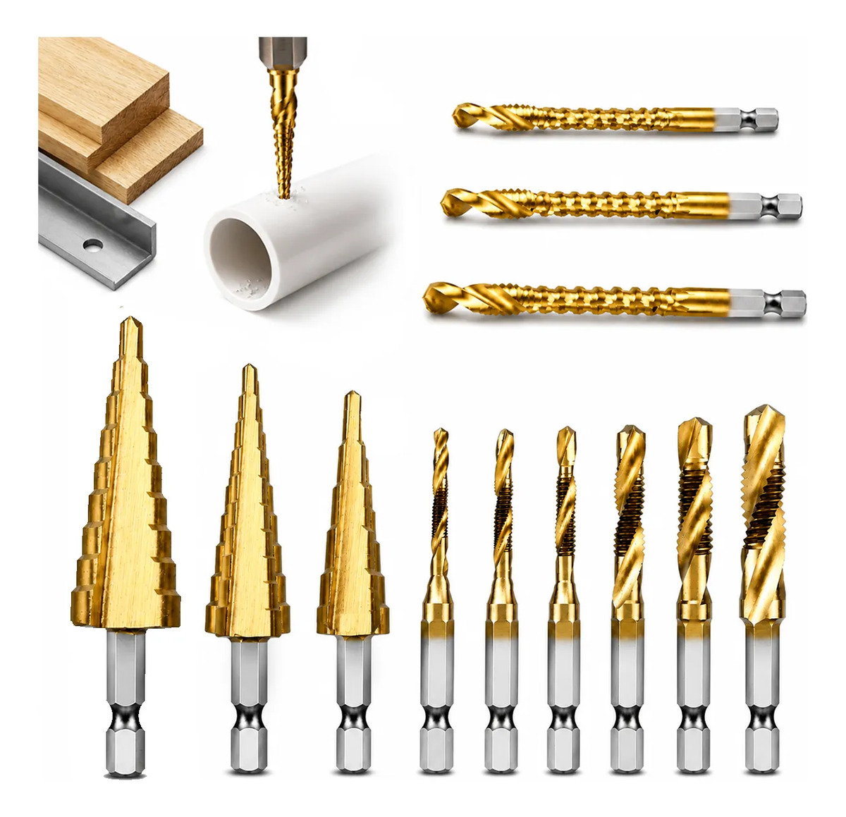 Kit 12 Peças Brocas Escalonadas Hss Titânio Metal Madeira