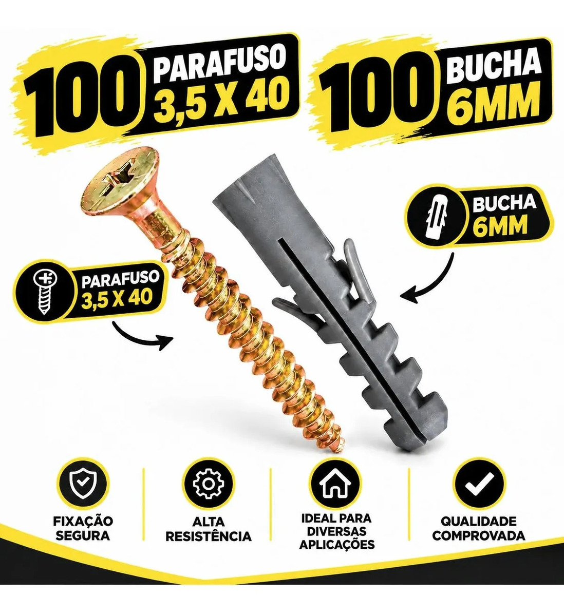 100 Parafuso Phillips C/ 100 Bucha 6 -  6mm  Total 200pçs