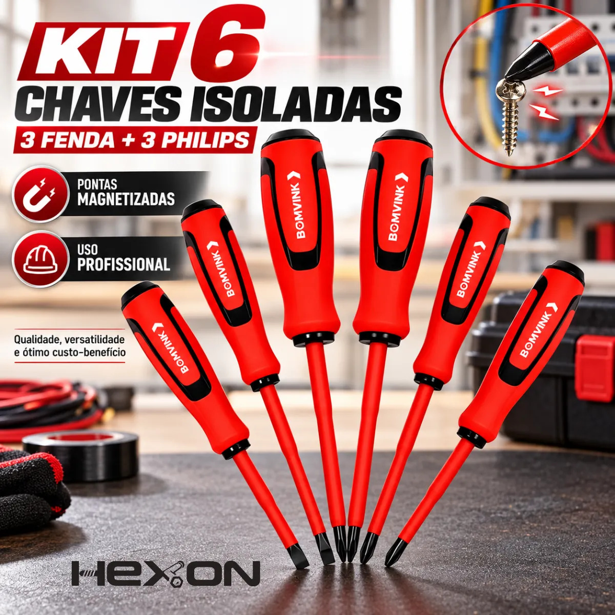 Kit Jogo 6 Chaves Isoladas Imantadas Fenda Philips Ferramenta Profissional Eletricista Tomada Disjuntor Emborrachada Isolada Anti Eletricidade Anti Choque Fenda E Phillps Estrela Hexon