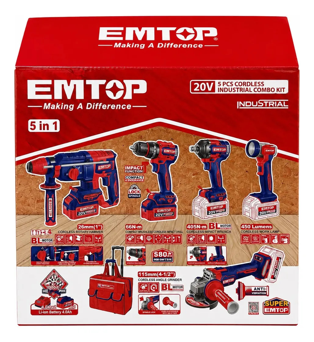 Kit Combo 5 Em 1 Emtop P20s 20v Brushless Kit Completo