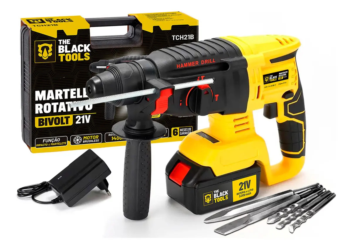 Martelete Rompedor Rotativo De Impacto A Bateria 21V 1400 Rpm 4800 Ipm Cor Amarelo The Black Tools