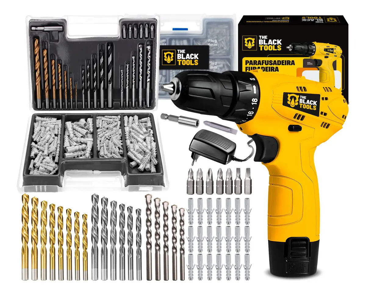 Parafusadeira Furadeira 3/8 A Bateria TB12A + Jogo 300 Brocas e Buchas