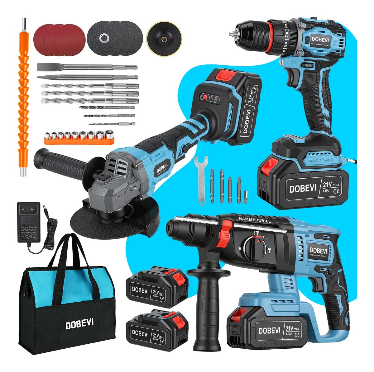 Kit 3 em 1 Ferramentas Elétricas: Furadeira + Impacto + 2 Baterias