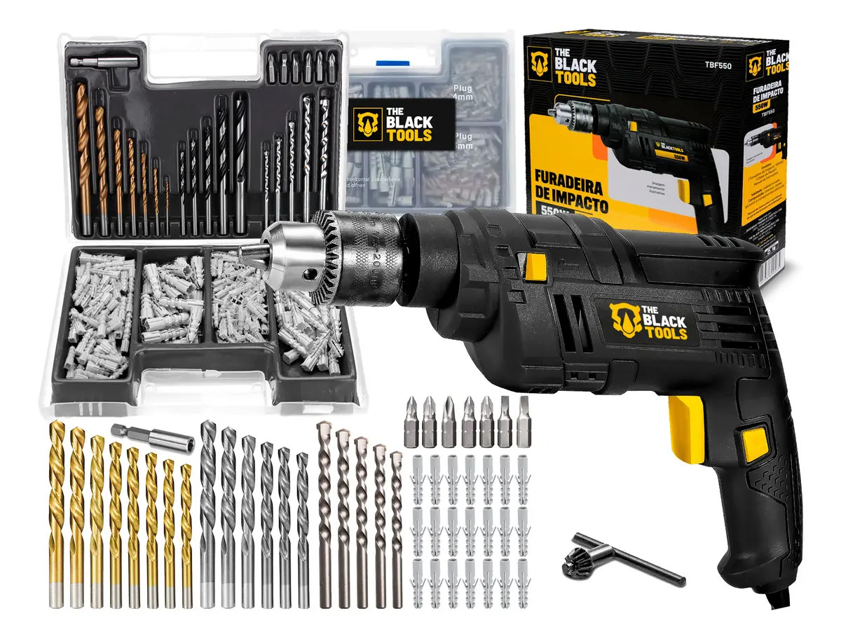 Furadeira de Impacto 3/8 550W The Black Tools + Kit 300 Peças