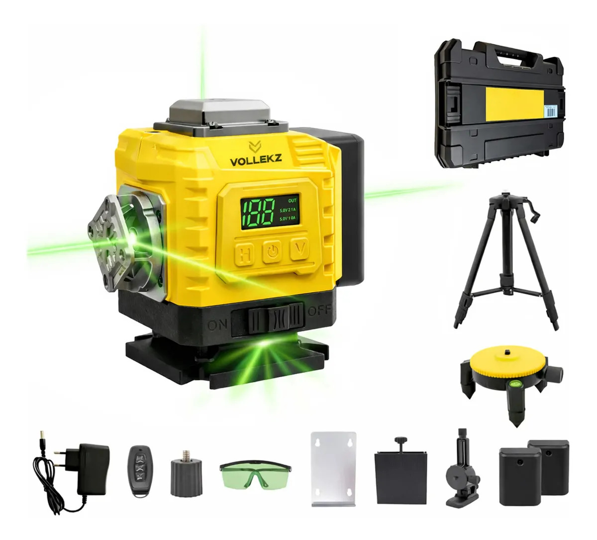 Kit Nível Laser 4D Verde 12 Linhas Vollekz com Tripé e 2 Baterias