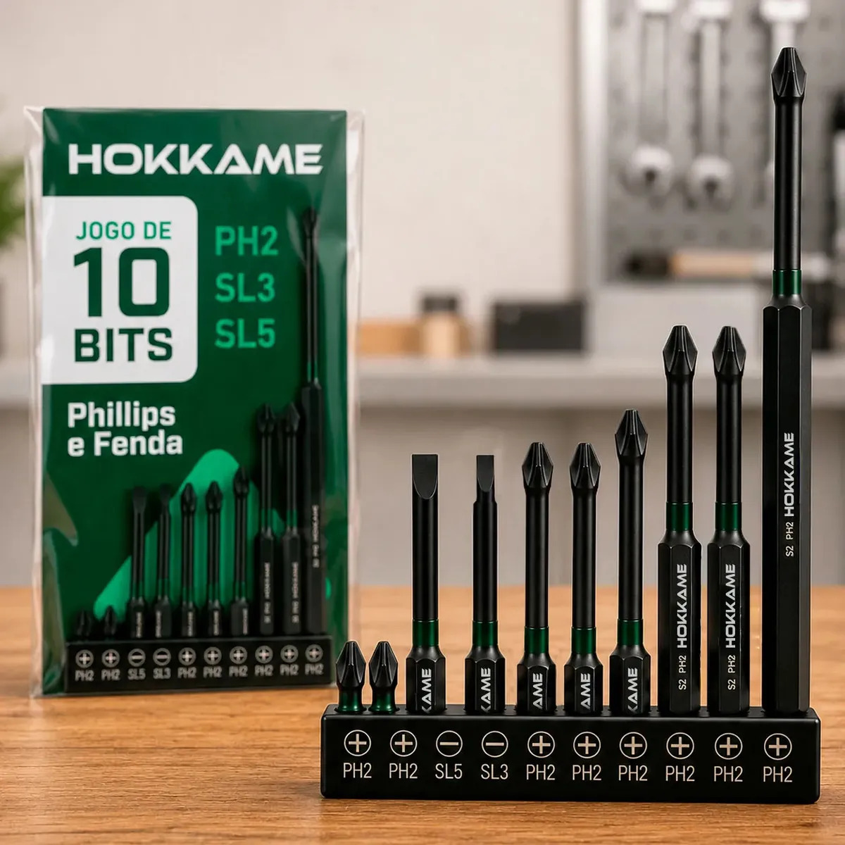 Kit Bits Magnéticos Hokkame 10 Peças PH2 e Fenda 25mm a 150mm