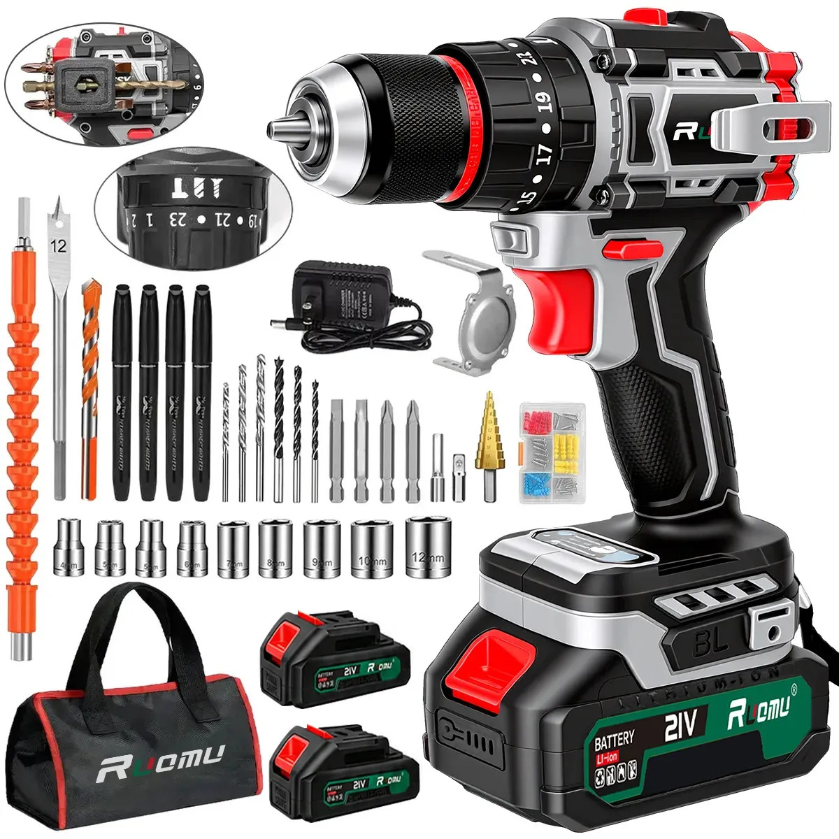 Furadeira Parafusadeira de Impacto Elétrica Brushless 2 Baterias