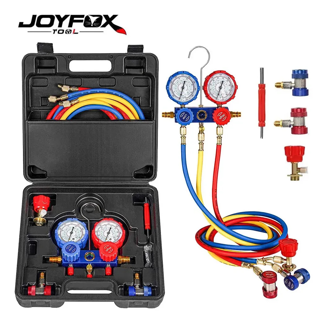 Manômetro Manifold Ar Condicionado Automotivo Refrigeração R134 R410 R22 R404 Kits de Manifolds Joyfox Com Maleta Mangueiras